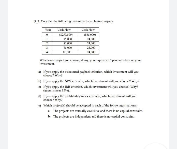  Q.3. Consider the following two mutually exclusive projects: Year 0 1