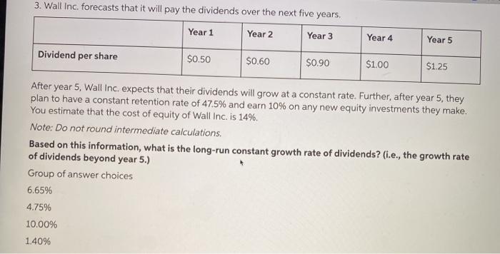  3. Wall Inc. forecasts that it will pay the dividends over