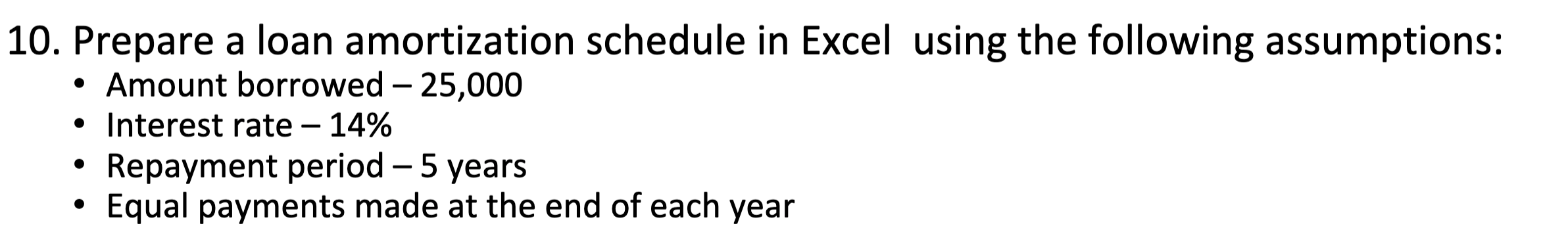 10. Prepare a loan amortization schedule in Excel using the following