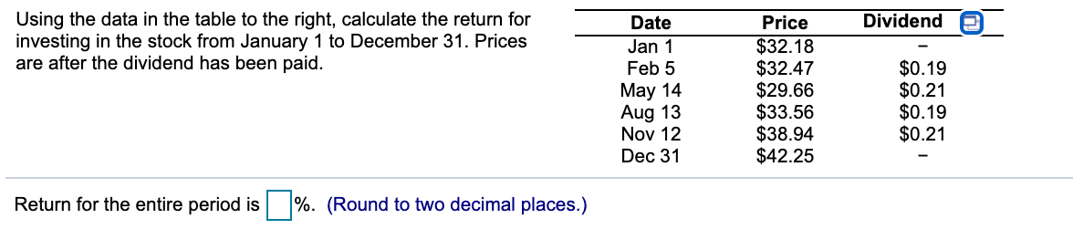 Dividend Using the data in the table to the right, calculate