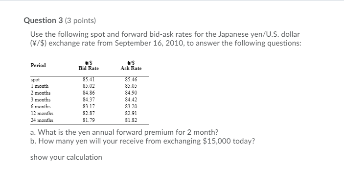  Question 3 (3 points) Use the following spot and forward bid-ask