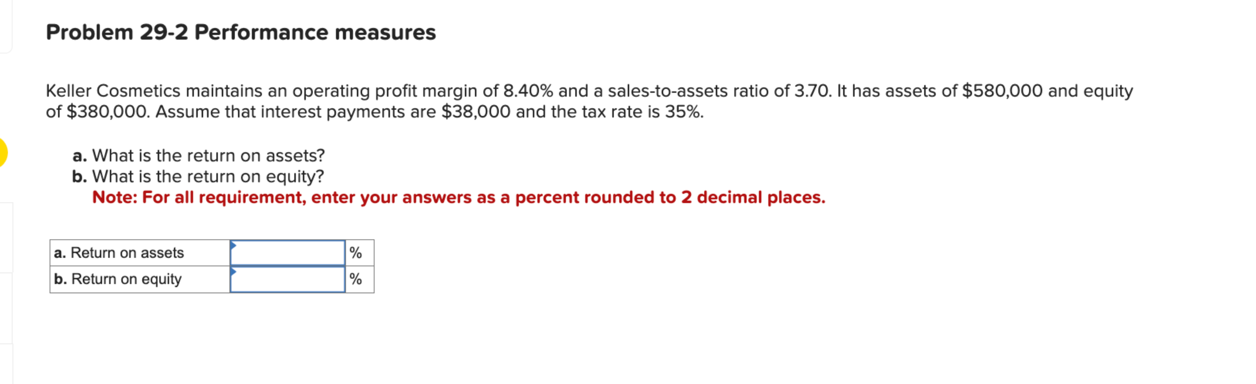 Problem 29-2 Performance measures Keller Cosmetics maintains an operating profit margin