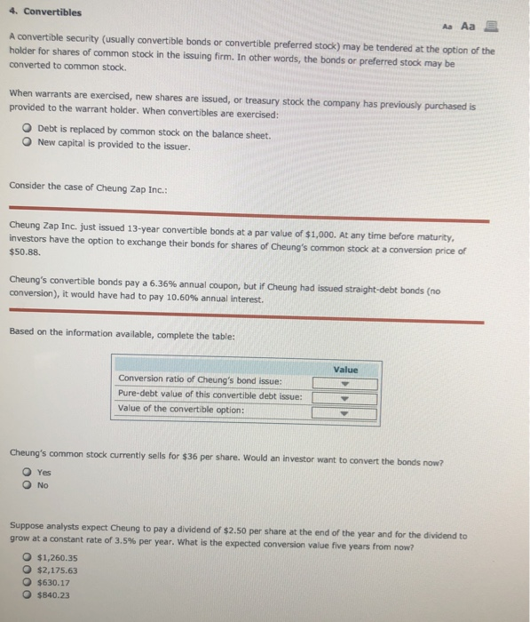  4. Convertibles Aa Aa E A convertible security (usually convertible bonds
