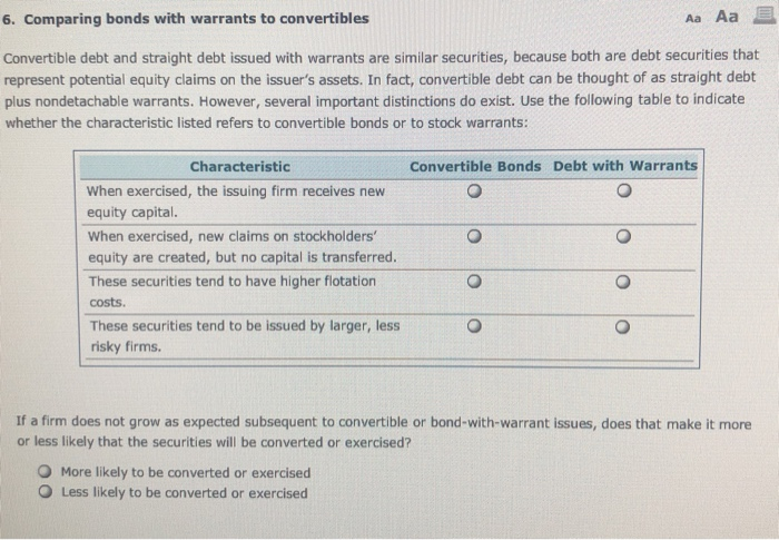  6. Comparing bonds with warrants to convertibles Aa Aa E Convertible