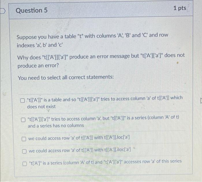 python Question 5 1 pts Suppose you have a table "t" with