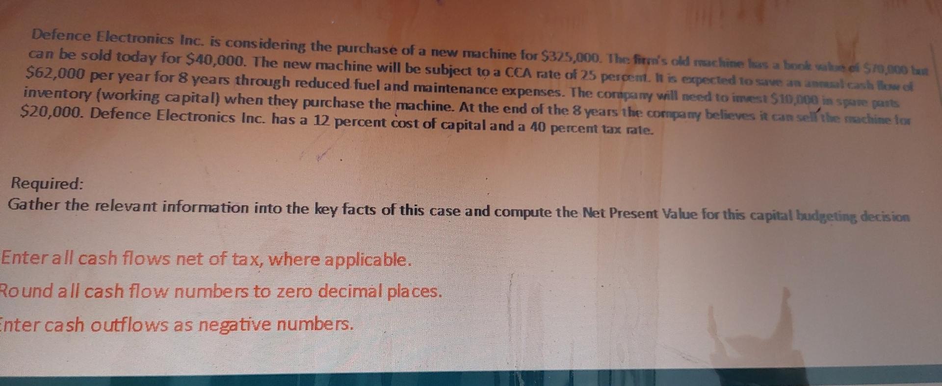 urgently require help. Defence Electronics Inc. is considering the purchase of