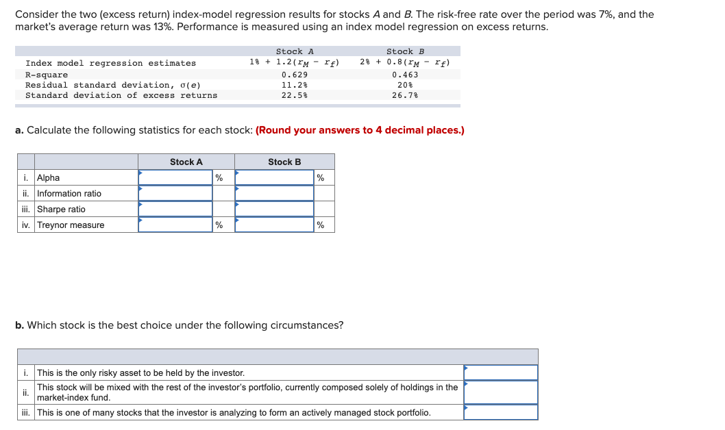  Consider the two (excess return) index-model regression results for stocks A