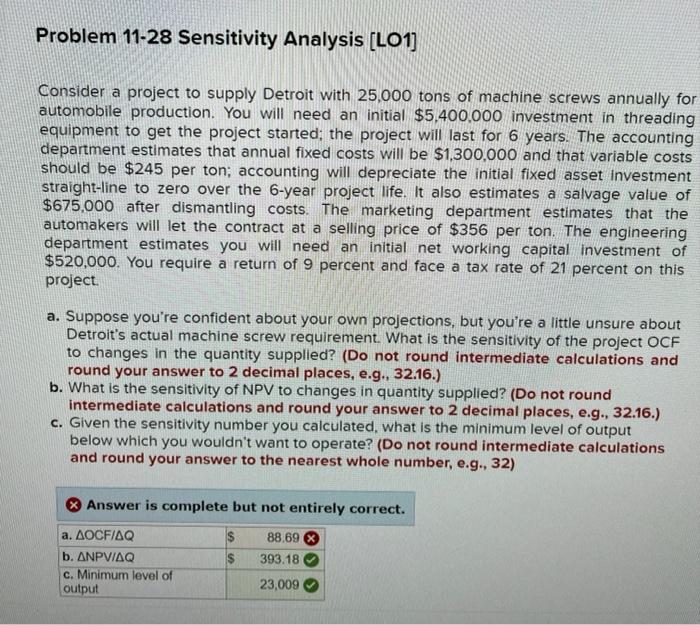  Problem 11-28 Sensitivity Analysis (L01) Consider a project to supply Detroit
