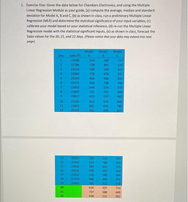  1. Exercise One: Given the date below for Chambers Electronics, and