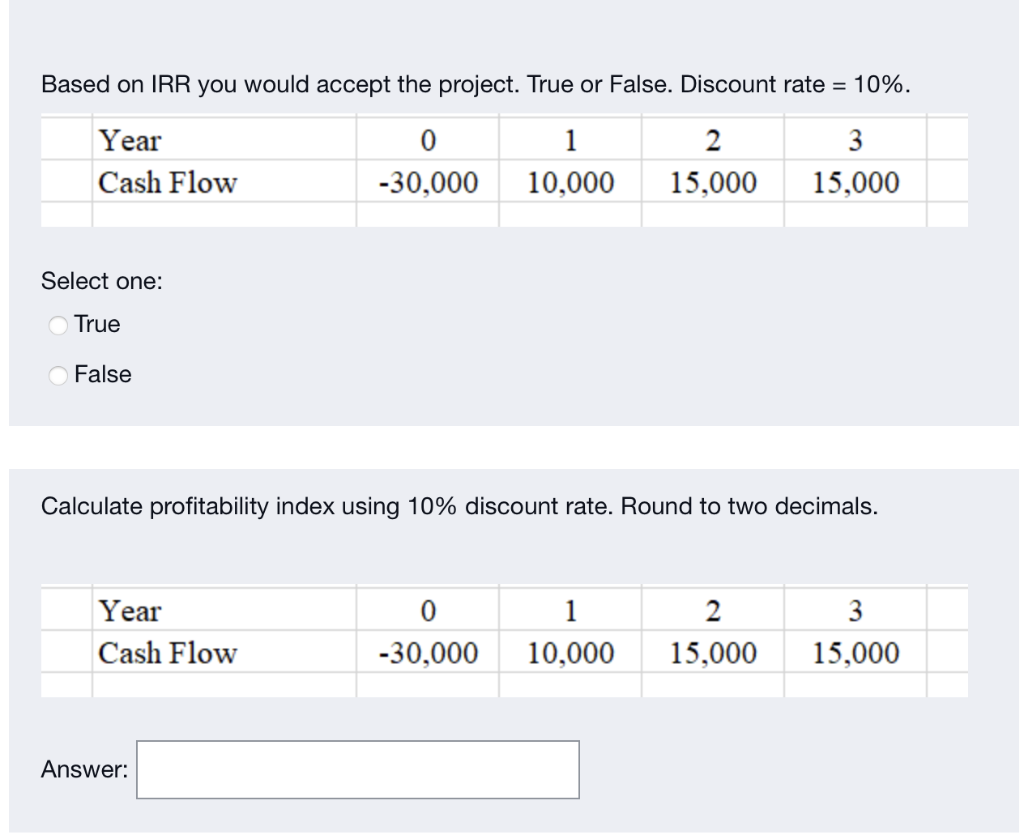 Based on IRR you would accept the project. True or False.