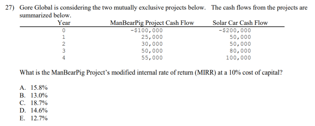 27) Gore Global is considering the two mutually exclusive projects below.