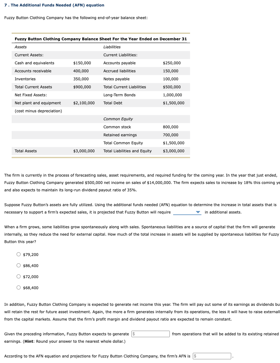 7. The Additional Funds Needed (AFN) equation Fuzzy Button Clothing Company