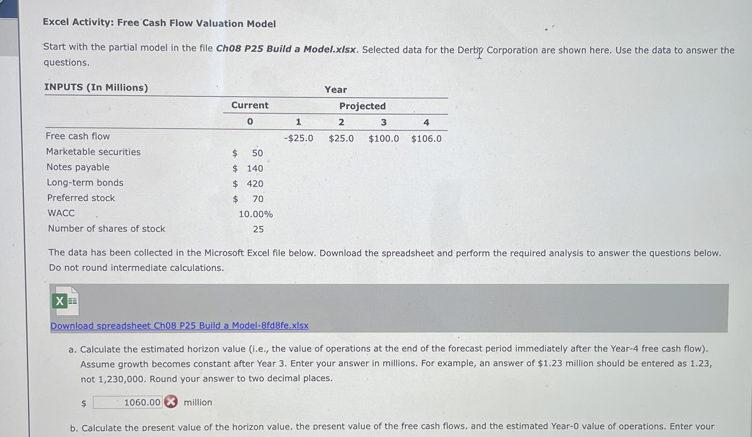  Excel Activity: Free Cash Flow Valuation Model Start with the partial