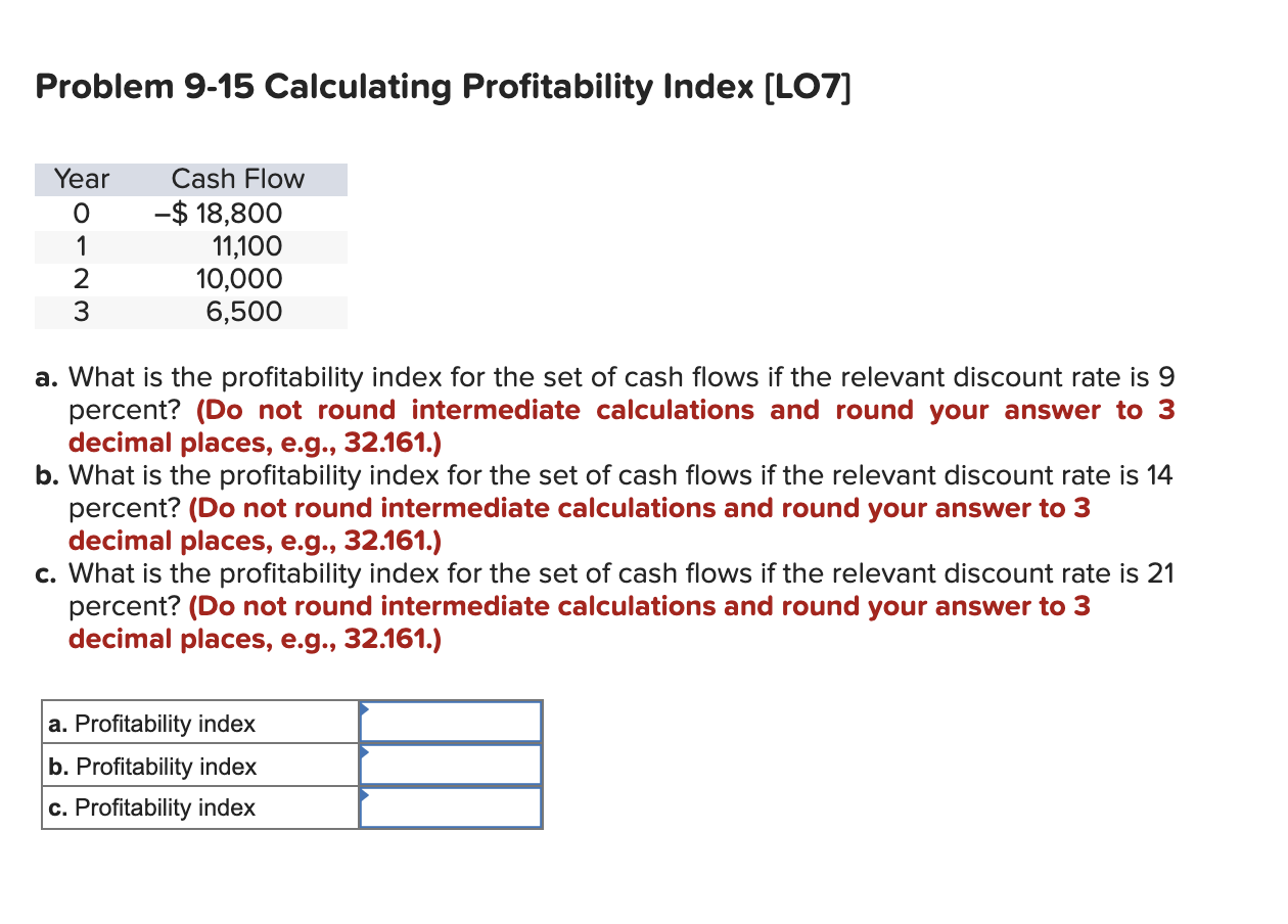  Problem 9-15 Calculating Profitability Index [LO7] Year 0 1 2 3