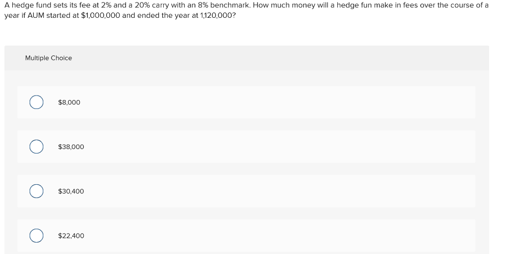 A hedge fund sets its fee at 2% and a 20%