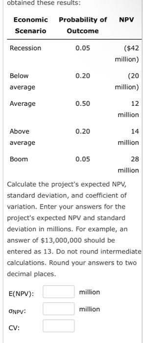 obtained these results: Calculate the project's expected NPV, standard deviation, and