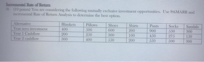 please answer this problem asap, show all equations/calculations(on excel) lncremental Rut of