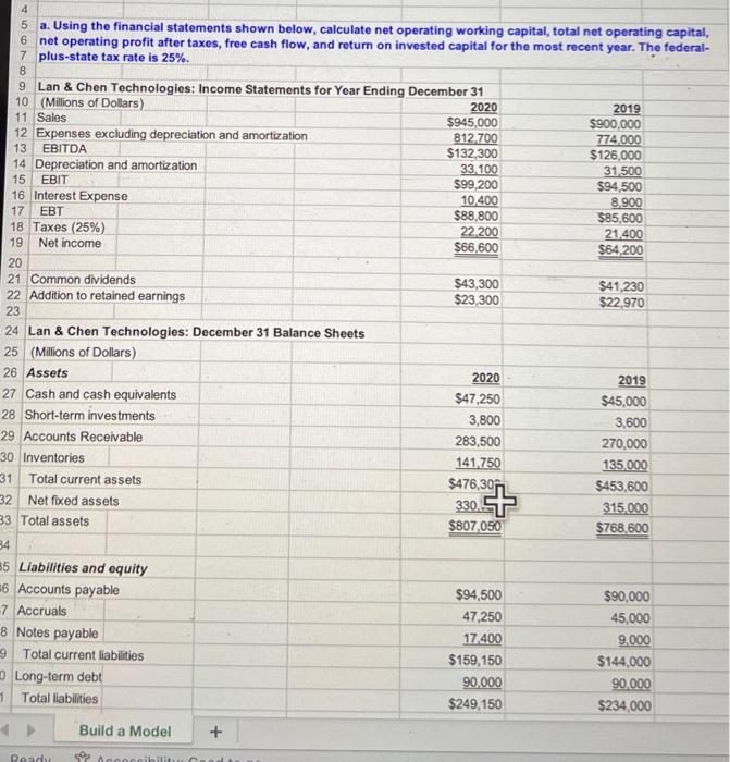  a. Using the financial statements shown below, calculate net operating working