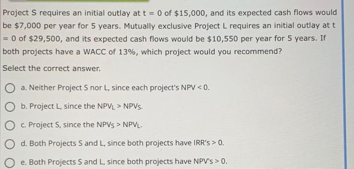 Project L requires an initial outlay at t = 0 of $15,000.