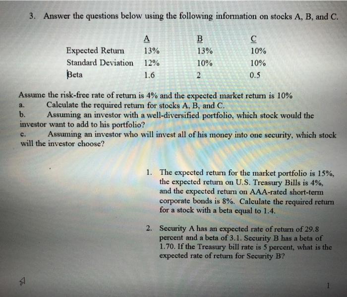  3. Answer the questions below using the following information on stocks