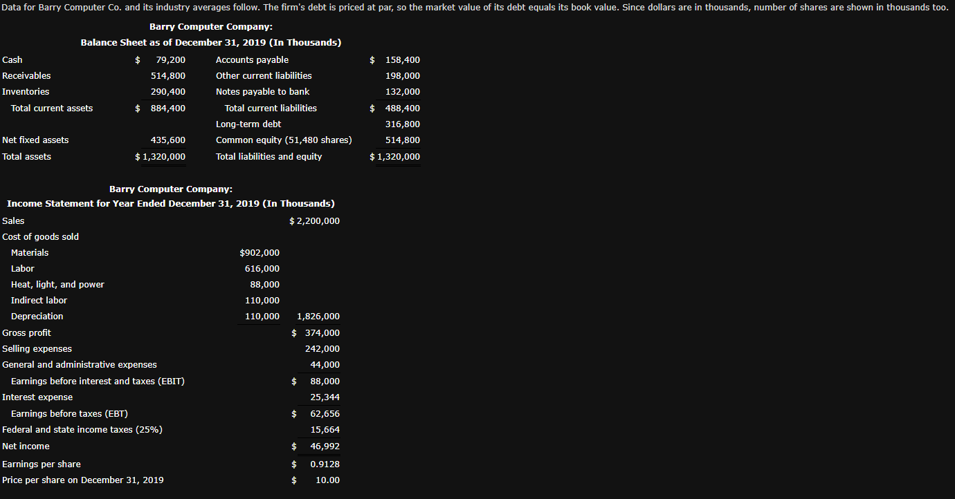 Data for Barry Computer Co. and its industry averages follow. The