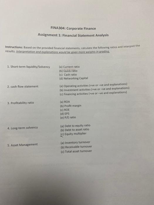  FINA304: Corporate Finance Assignment 1: Financial Statement Analysis Instructions: Based on