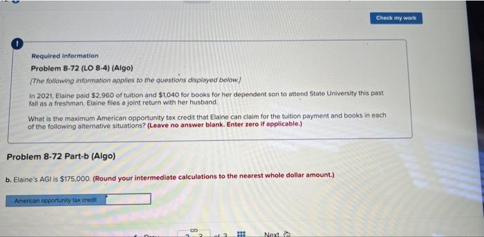 information Problem 8-72 (LO 8-4) (Algo) The following information applies to the