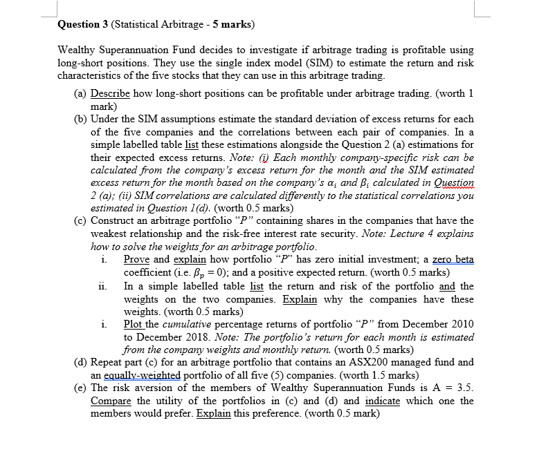  Please answer all question Question 3 (Statistical Arbitrage - 5 marks)
