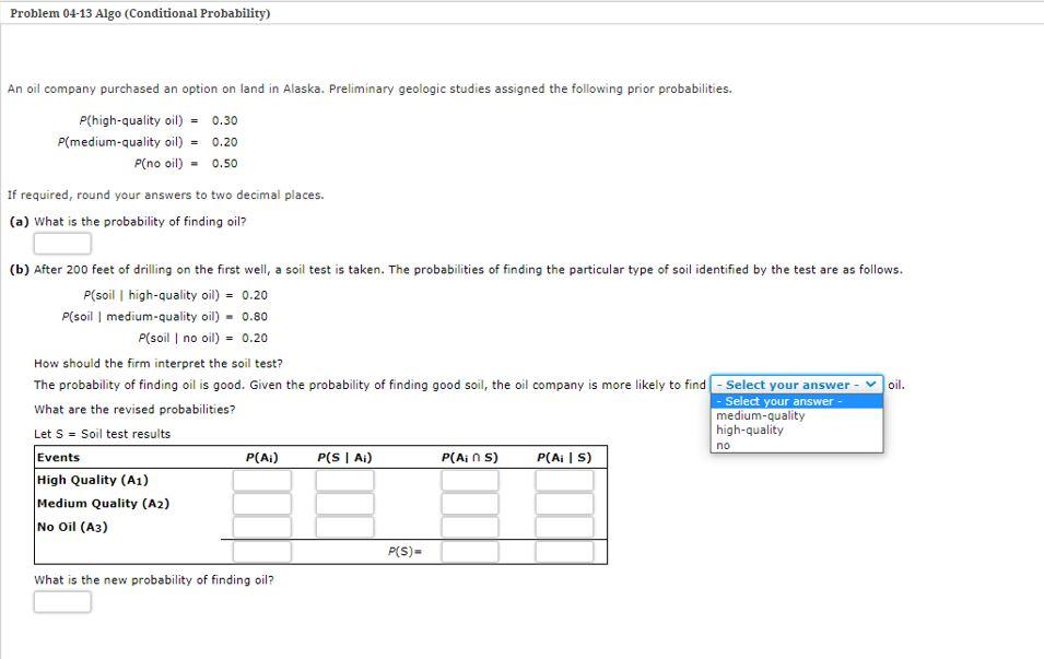 Solve this problem Problem 04-13 Algo (Conditional Probability) An oil company purchased