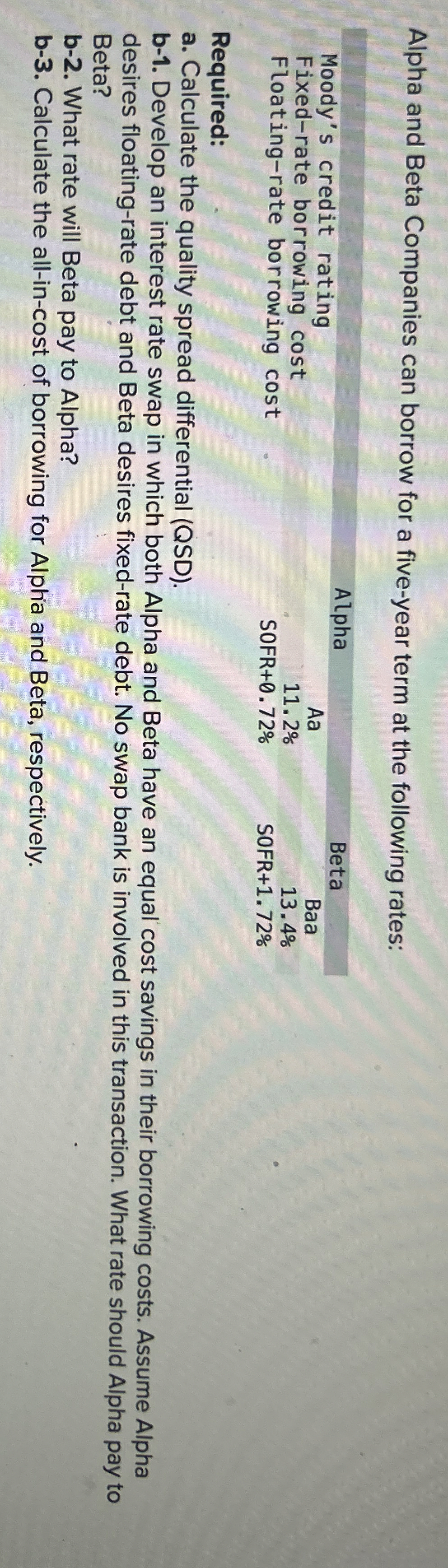  Alpha and Beta Companies can borrow for a five-year term at