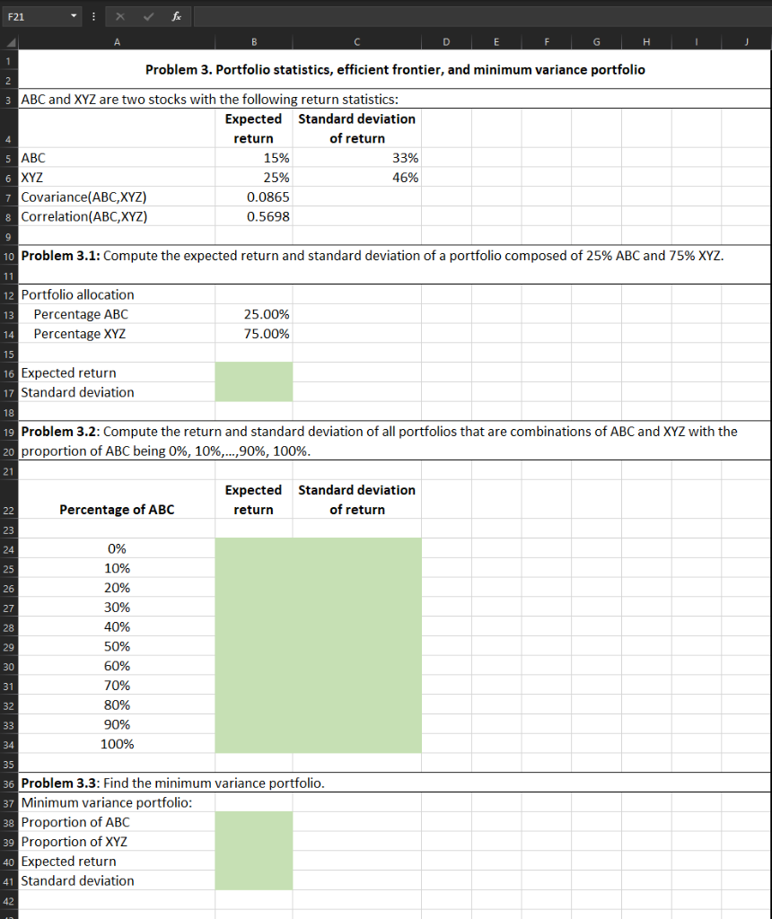  Problem 3. Portfolio statistics, efficient frontier, and minimum variance portfolid ABC