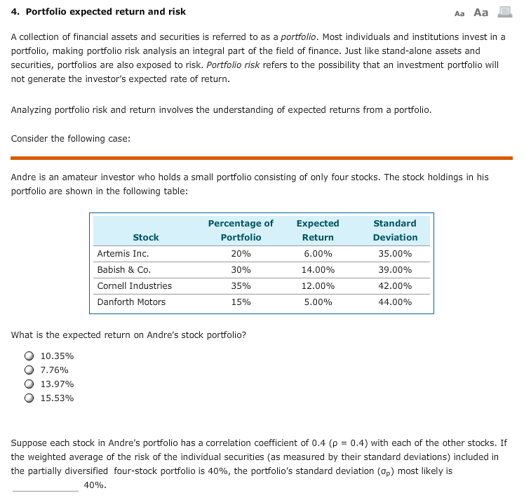  4. Portfolio expected return and risk Aa Aa A collection of