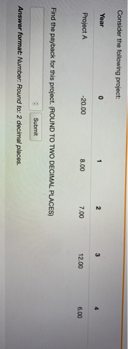  Consider the following project: Year 1 2 3 Project A -20.00