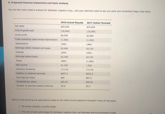  6. Projected financial statements and basic analysis You are the most
