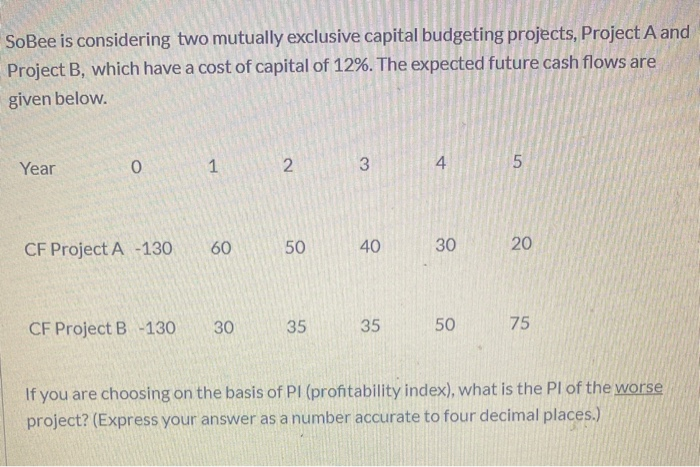  SoBee is considering two mutually exclusive capital budgeting projects, Project A