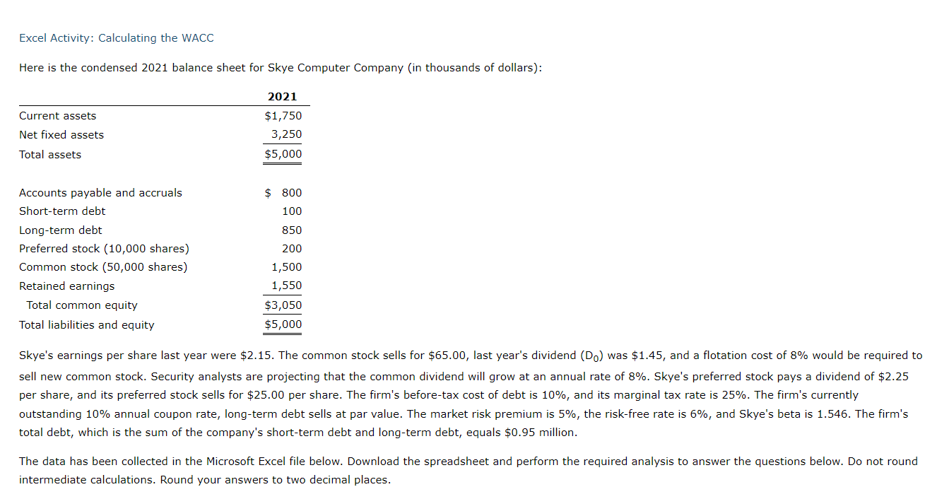 Please make sure the answer is correct Excel Activity: Calculating the WACC