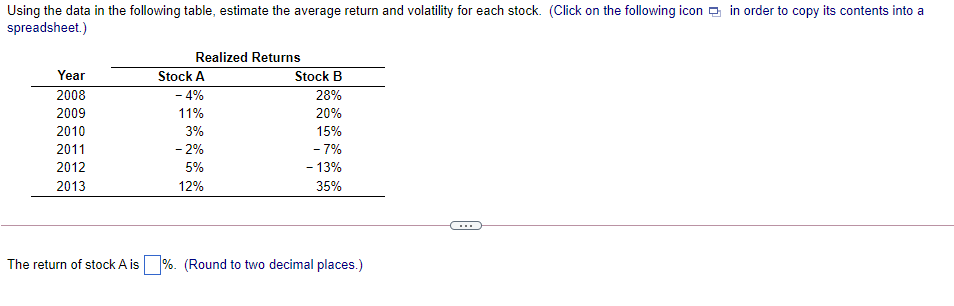  Using the data in the following table, estimate the average return
