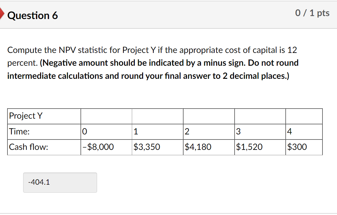 finance problem Question 6 0 / 1 pts Compute the NPV statistic