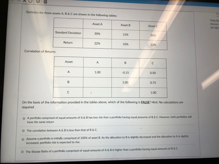  Statistics for three assets A, B&C are shown in the following