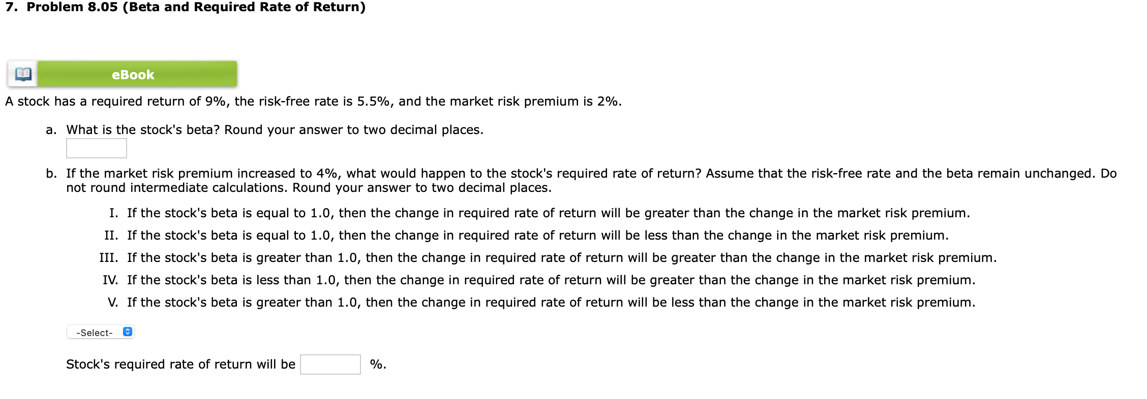  7. Problem 8.05 (Beta and Required Rate of Return) eBook A