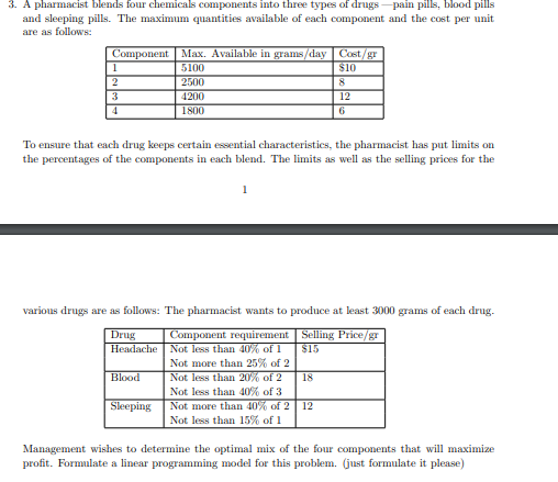  3. A pharmacist blends four chemicals components into three types of