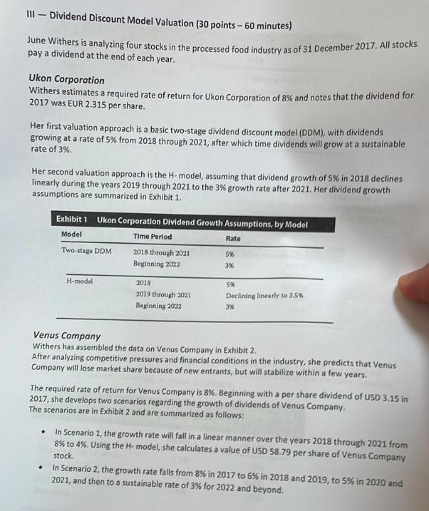  III - Dividend Discount Model Valuation (30 points - 60 minutes)