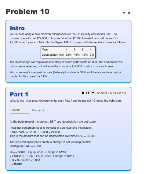 What is the incremental cash flow in year 2? Problem 10 Intro