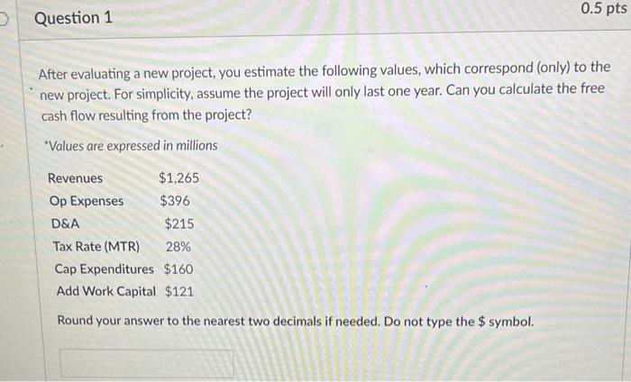  After evaluating a new project, you estimate the following values, which