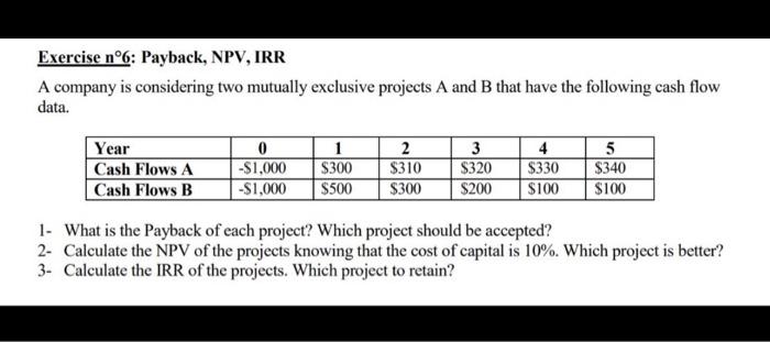  Exercise n6: Payback, NPV, IRR A company is considering two mutually