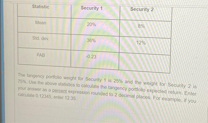 c Statistic Security 1 Security 2 Mean 20% 8% Std. dev. 36%