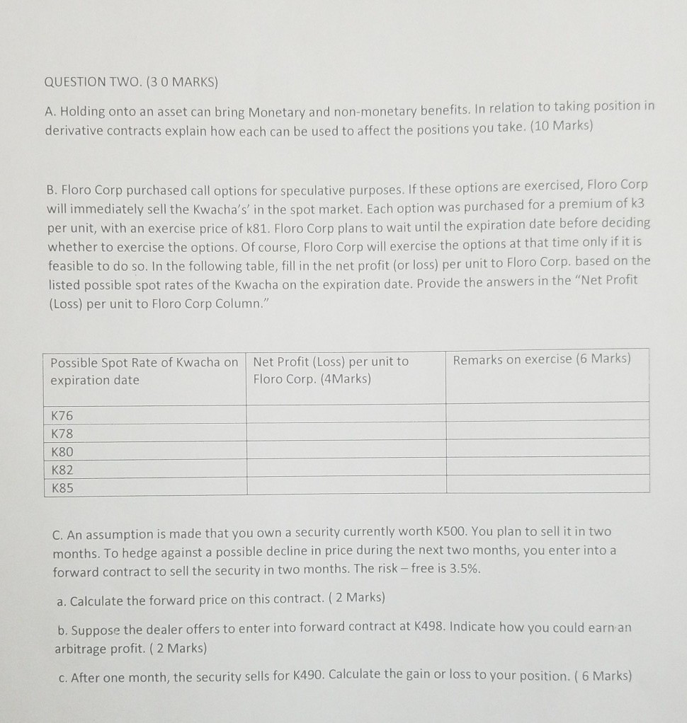  QUESTION TWO. (30 MARKS) A. Holding onto an asset can bring