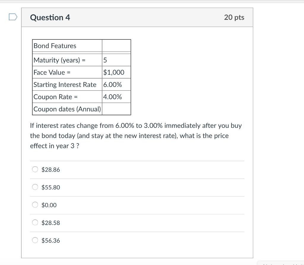  DQuestion 4 20 pts Bond Features Maturity (years)-5 Face Value =