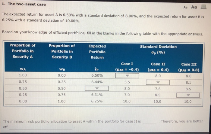  1. The two-asset case Aa Aa The expected return for asset