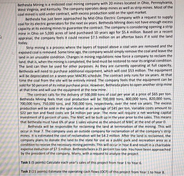  please show using excel Bethesda Mining is a midsized coal mining